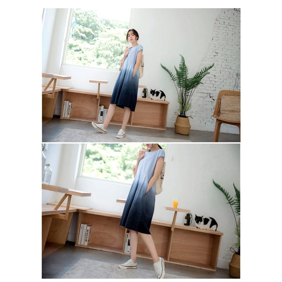 WEEKEND X OB DESIGN SHORT SLEEVE COTTON HEM PLEATED DRESS TOP