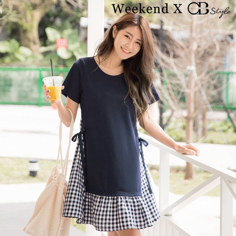 WEEKEND X OB DESIGN SHORT SLEEVE CHECKED MIDI DRESS