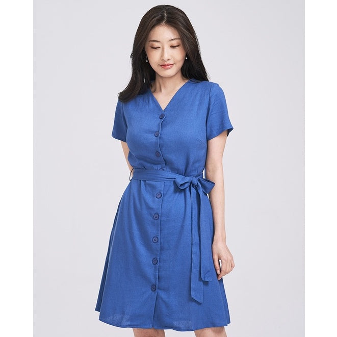(SG STOCK) IN THE MOOD CASUAL WORK HOLIDAYS WOMEN CLOTHES SHORT SLEEVE V-NECK BOW WAIST BUTTON MIDI DRESS S-XL SIZE