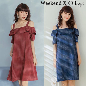 WEEKEND X OB DESIGN STRIPED SHOULDER RUFFLE DRESS