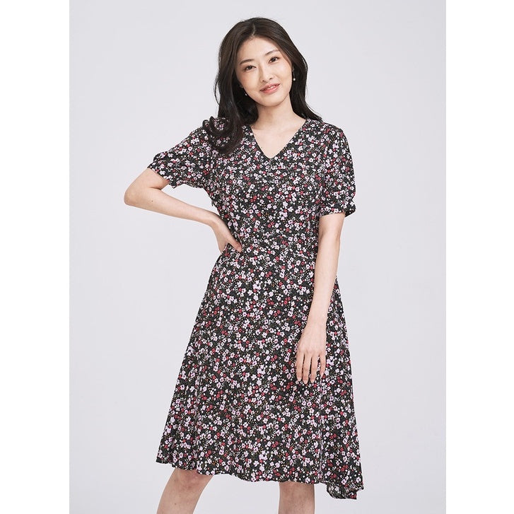 (SG STOCK) IN THE MOOD CASUAL WORK HOLIDAYS WOMEN CLOTHES SHORT SLEEVE V-NECK FLORAL PRINTED MIDI DRESS S-XL SIZE