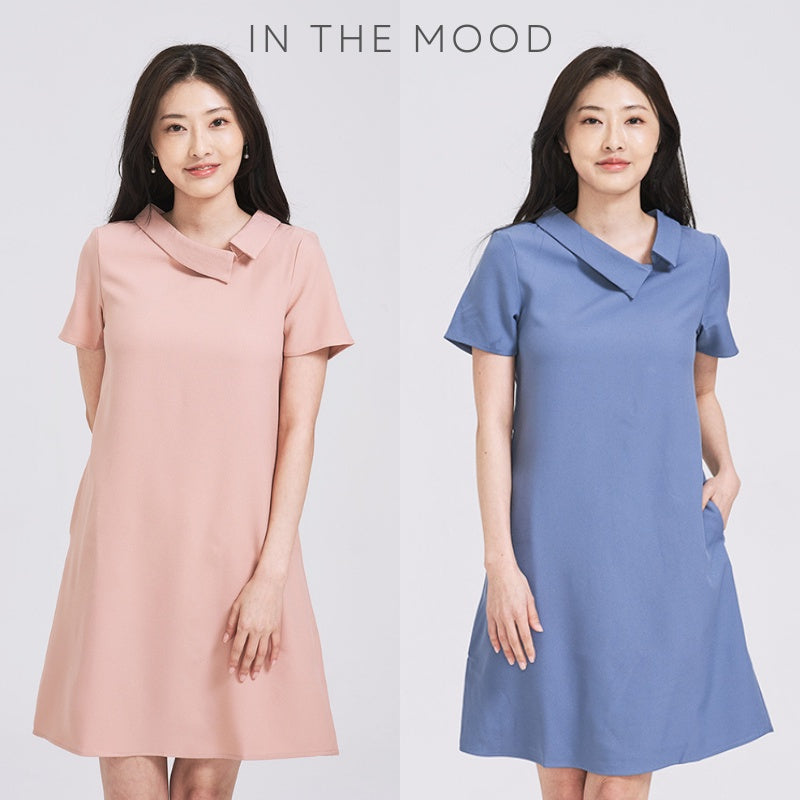 (SG STOCK) IN THE MOOD CASUAL WORK HOLIDAYS WOMEN CLOTHES COLLARED ASYMMETRICAL BUTTON A-LINE MIDI DRESS S-XL SIZE
