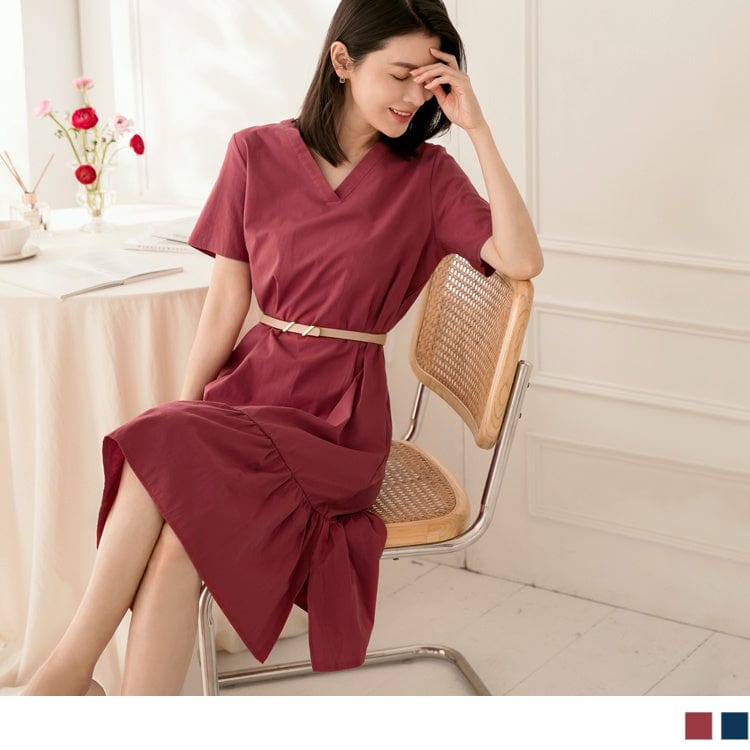 WEEKEND X OB DESIGN SHORT SLEEVE A-LINE V-NECK TIERED COTTON MIDI DRESS