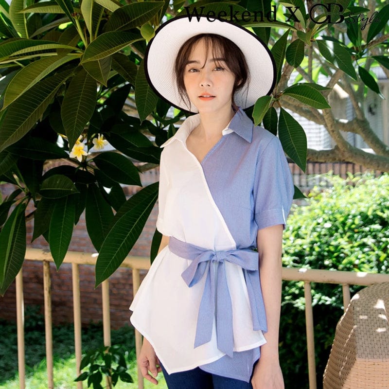 WEEKEND X OB DESIGN WOMEN CLOTHES SHORT SLEEVE COTTON COLOR BLOCK STRIPE BLOUSE SHIRT TOPS