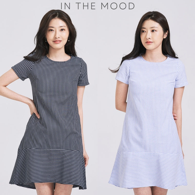 (SG STOCK) IN THE MOOD CASUAL WORK HOLIDAYS WOMEN CLOTHES ROUND NECK ASYMMETRICAL HEM STRIPED MIDI DRESS S-XL SIZE