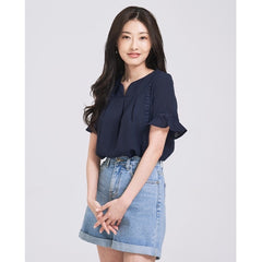 (SG STOCK) IN THE MOOD CASUAL WORK HOLIDAYS WOMEN CLOTHES RUFFLE SLEEVE ROUND NECK PLEATED LOOSE SHIRTS TOPS S-XL SIZE