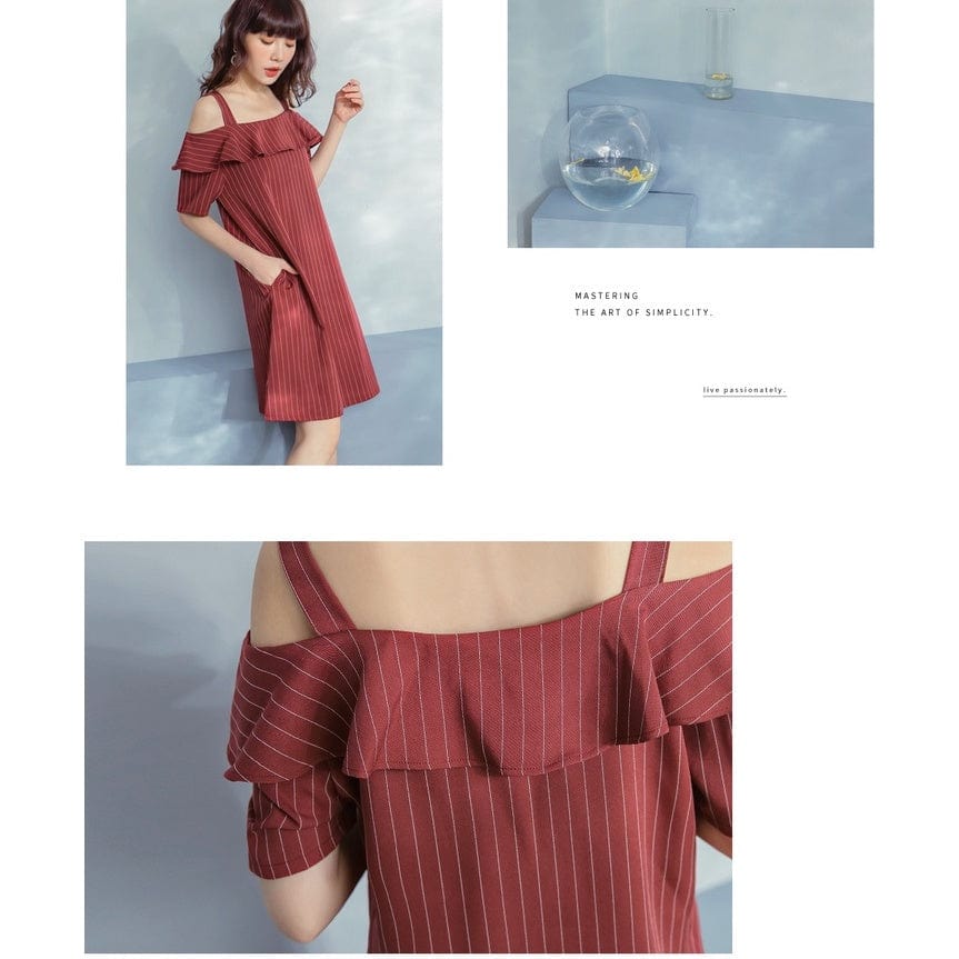 WEEKEND X OB DESIGN STRIPED SHOULDER RUFFLE DRESS