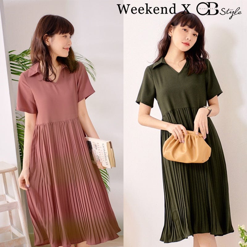 WEEKEND X OB DESIGN COLLAR PLEATED SWING LONG DRESS