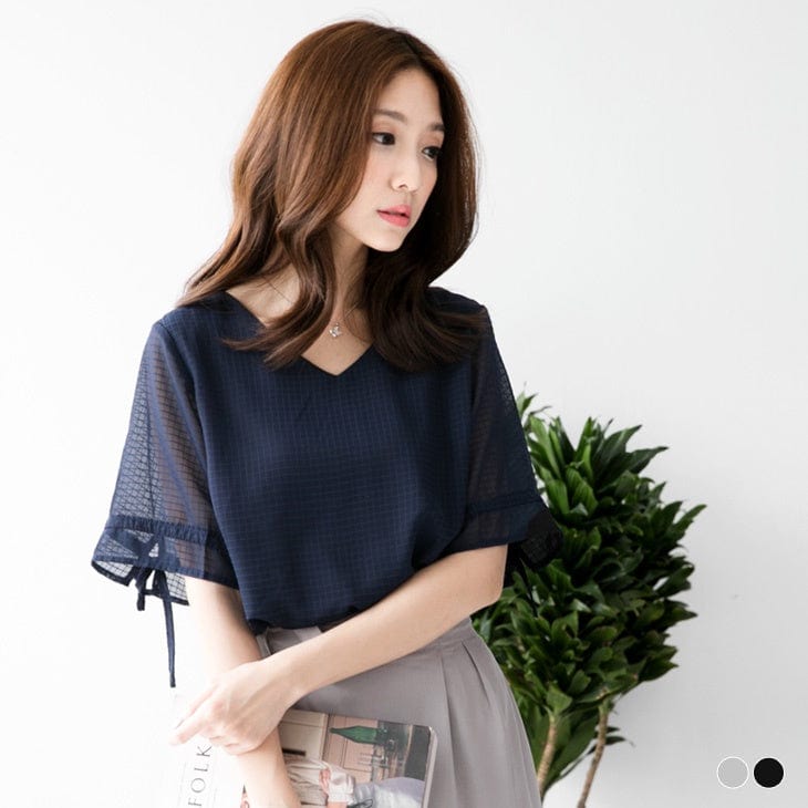 WEEKEND X OB DESIGN SELF-TIE GRID CHIFFON TOPSS