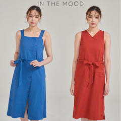 (SG STOCK) IN THE MOOD CASUAL WOMEN CLOTHES STRAP SLEEVELESS LINEN BUTTON MIDI DRESS S-XL SIZE