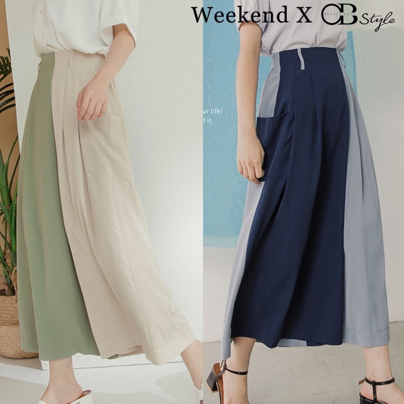 WEEKEND X OB DESIGN CHIFFON WIDE SKIRT 2-COLOR CONTRAST LONG PANTS