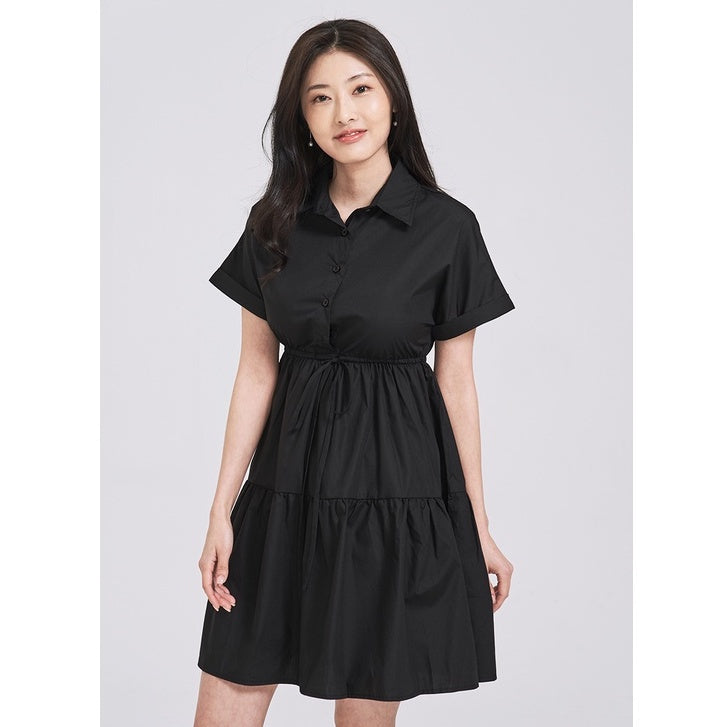 (SG STOCK) IN THE MOOD CASUAL WORK HOLIDAYS WOMEN CLOTHES COLLARED ELASTIC WAIST A-LINE LAYERED MIDI DRESS S-XL SIZE