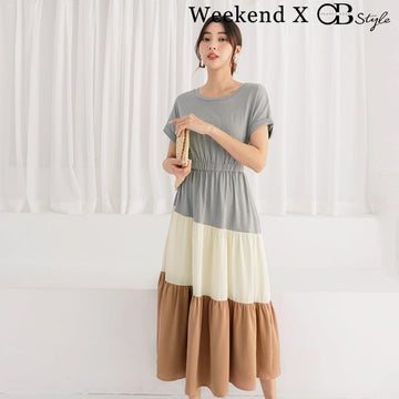 WEEKEND X OB DESIGN SHORT SLEEVE COLOR BLOCK A-LINE LONG MAXI MIDI DRESS