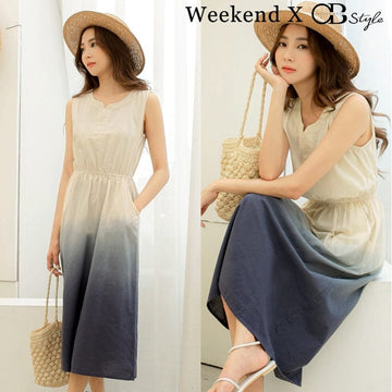 WEEKEND X OB DESIGN CASUAL WOMEN ELASTIC WAIST SLEEVELESS HEM GRADIENT DRESS TOP