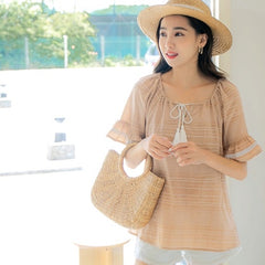 (SG STOCK) OB DESIGN WOMEN HOLIDAYS CASUAL STRIPED RUFFLE SLEEVE TOPS 2 COLOR PLUS SIZE