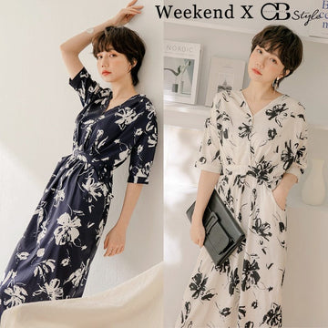 WEEKEND X OB DESIGN SHORT SLEEVE V-NECK FLORAL PRINTED LONG MAXI DRESS