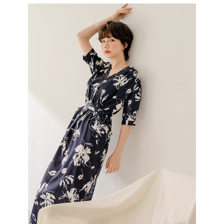 WEEKEND X OB DESIGN SHORT SLEEVE V-NECK FLORAL PRINTED LONG MAXI DRESS