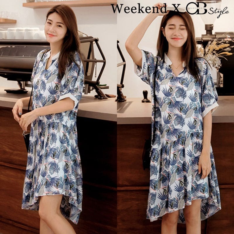 WEEKEND X OB DESIGN LOOSE TROPICAL PRINT COTTON MIDI DRESS