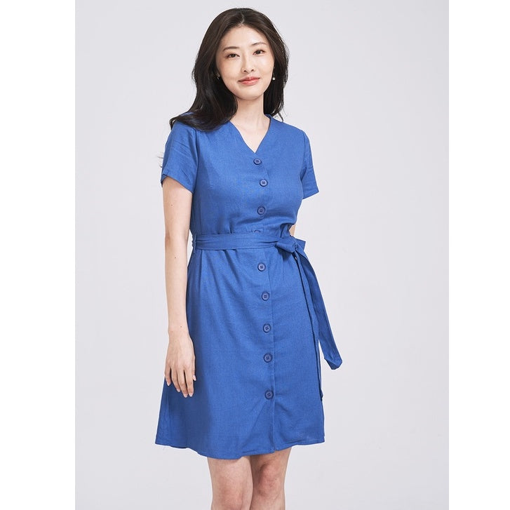 (SG STOCK) IN THE MOOD CASUAL WORK HOLIDAYS WOMEN CLOTHES SHORT SLEEVE V-NECK BOW WAIST BUTTON MIDI DRESS S-XL SIZE