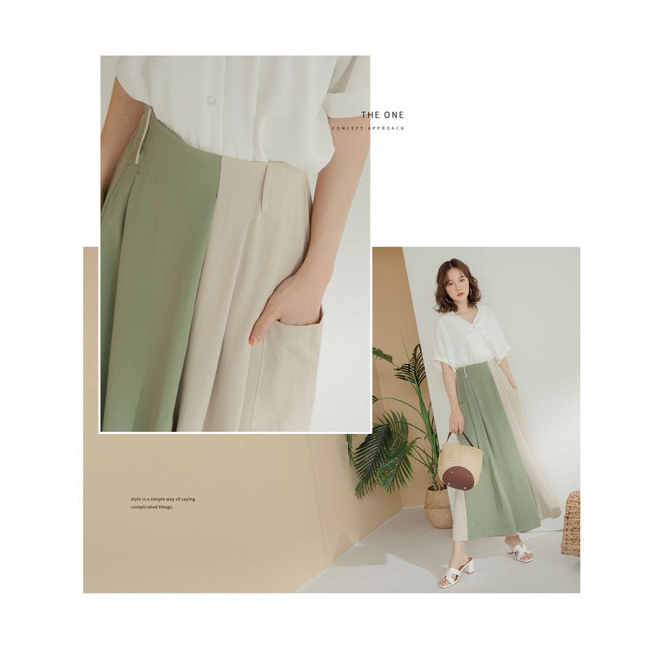 WEEKEND X OB DESIGN CHIFFON WIDE SKIRT 2-COLOR CONTRAST LONG PANTS