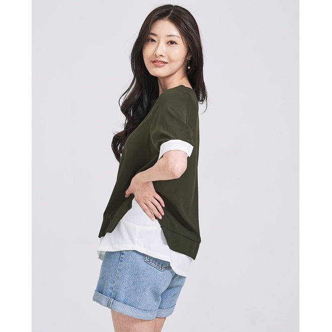 (SG STOCK) IN THE MOOD CASUAL WORK HOLIDAYS WOMEN CLOTHES SHORT SLEEVE ROUND NECK CONTRAST COLOR TOPS S-XL SIZE