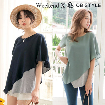 WEEKEND X OB DESIGN SHORT SLEEVE ROUND-NECK BLOUSE SHIRT TOPS